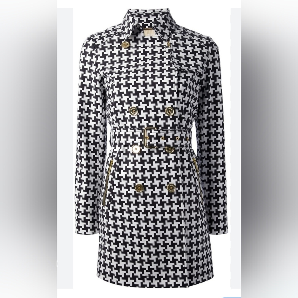 MICHAEL KORS-Black &White houndstooth double breasted midi trench Gold Buttons - Picture 2 of 9